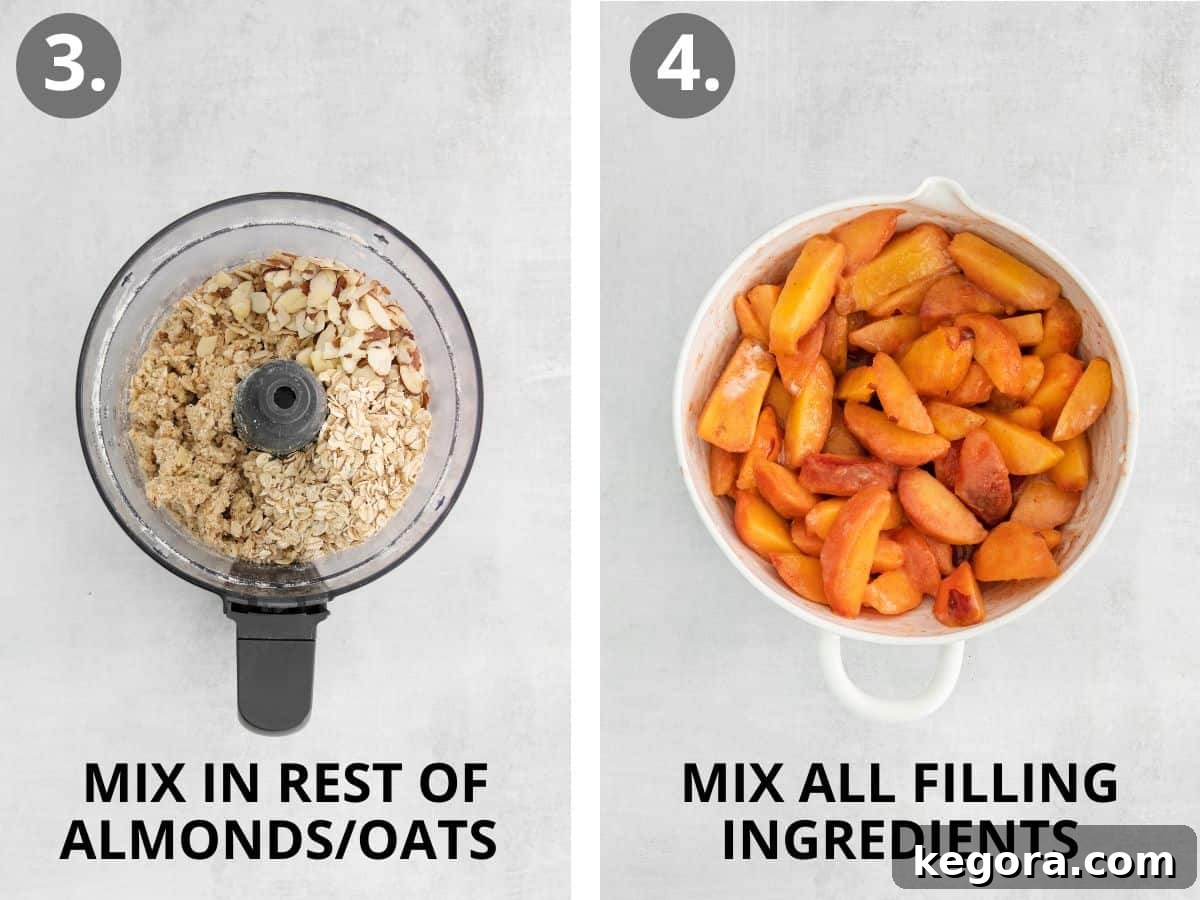 Two step-by-step photos showing the remaining almonds and oats being added to the crisp topping, and then all filling ingredients being mixed in a separate bowl.