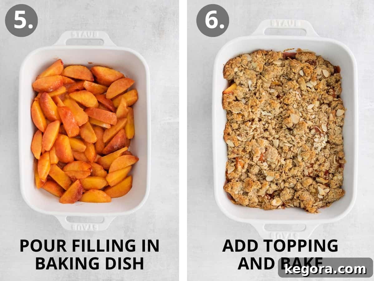 Two step-by-step photos showing the peach filling being poured into a baking dish, and the topping being sprinkled over it before baking.