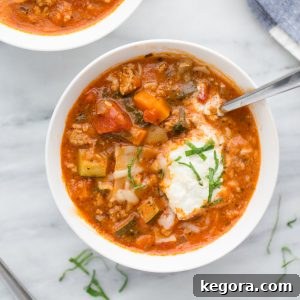 A delicious bowl of Instant Pot Turkey Vegetable Lasagna Soup, ready to be enjoyed.