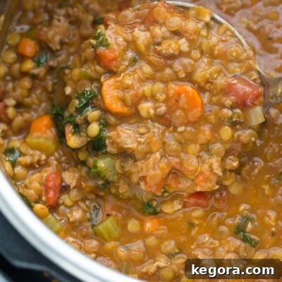 Close-up of hearty sausage lentil soup being scooped with a ladle, showing its rich consistency.