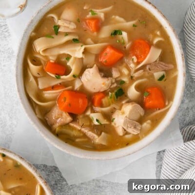 A comforting bowl of gluten-free chicken noodle soup, with tender chicken, vegetables, and noodles visible.