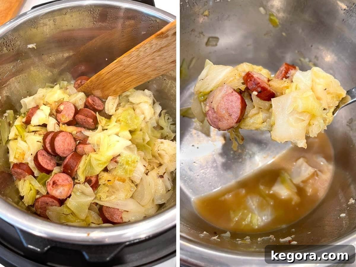 Stirring the cooked Instant Pot Cabbage and Kielbasa, then serving it into a bowl with a slotted spoon, showing the flavorful liquid at the bottom.
