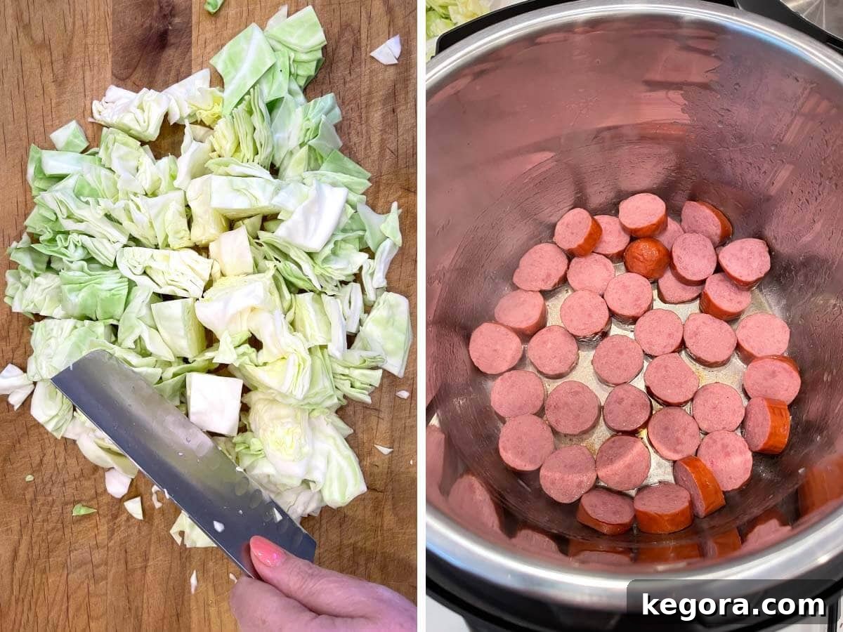 Chopped cabbage in a bowl, with kielbasa sausage slices browning in an Instant Pot on the sauté setting.