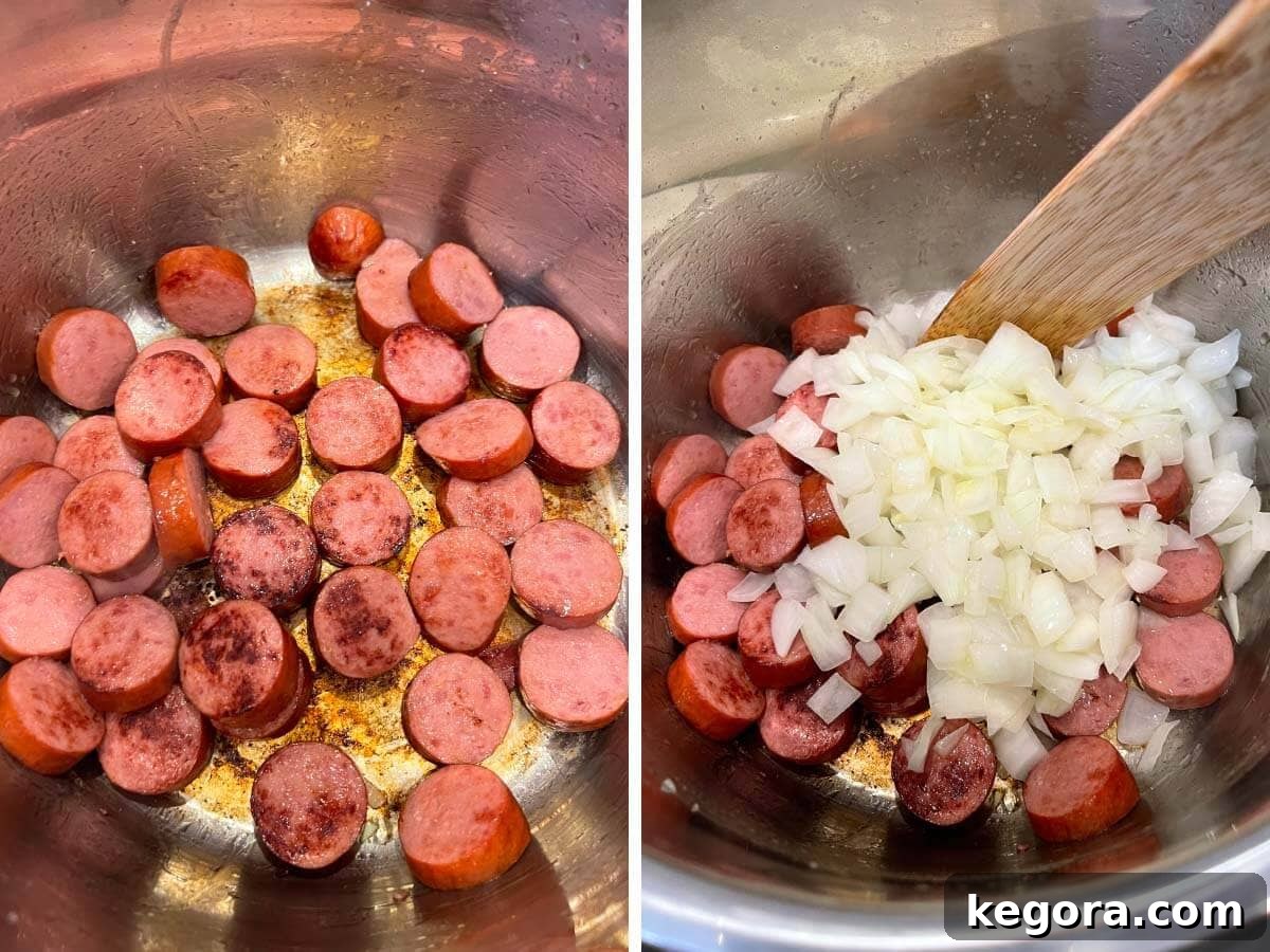 Kielbasa sausage browning in the Instant Pot, followed by adding chopped onions to the pot.