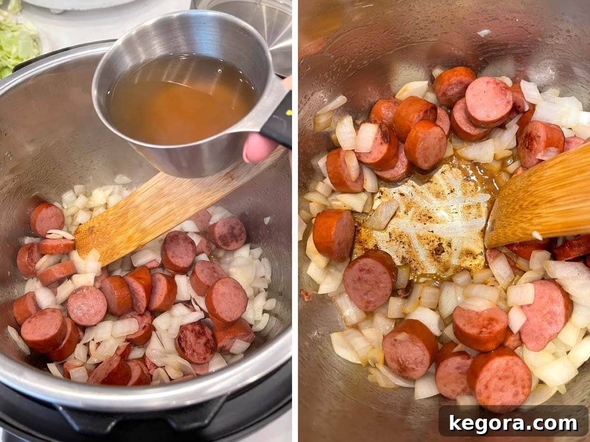 Pouring vegetable broth into the Instant Pot and using a wooden spoon to scrape the bottom, then adding caraway seeds and pressing garlic.