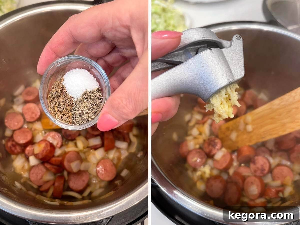 Adding caraway seeds, salt, and pepper to the Instant Pot, followed by pressing fresh garlic into the pot.