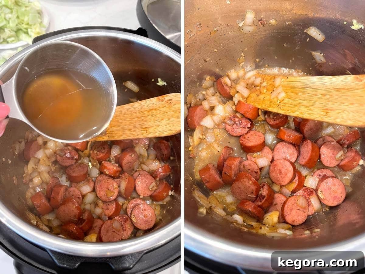 Pouring the remaining vegetable broth into the Instant Pot and stirring with a wooden spoon.