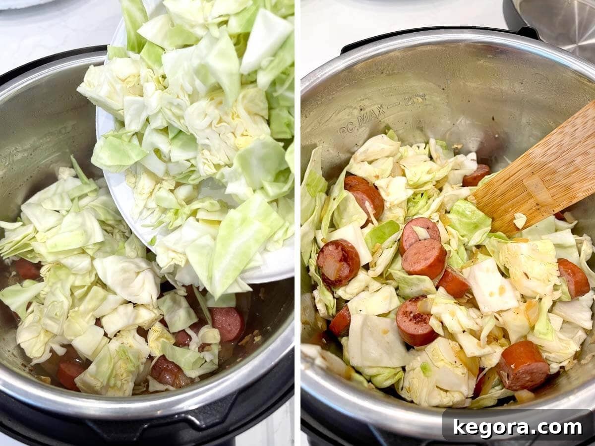 Adding chopped green cabbage to the Instant Pot and stirring it with a wooden spoon.