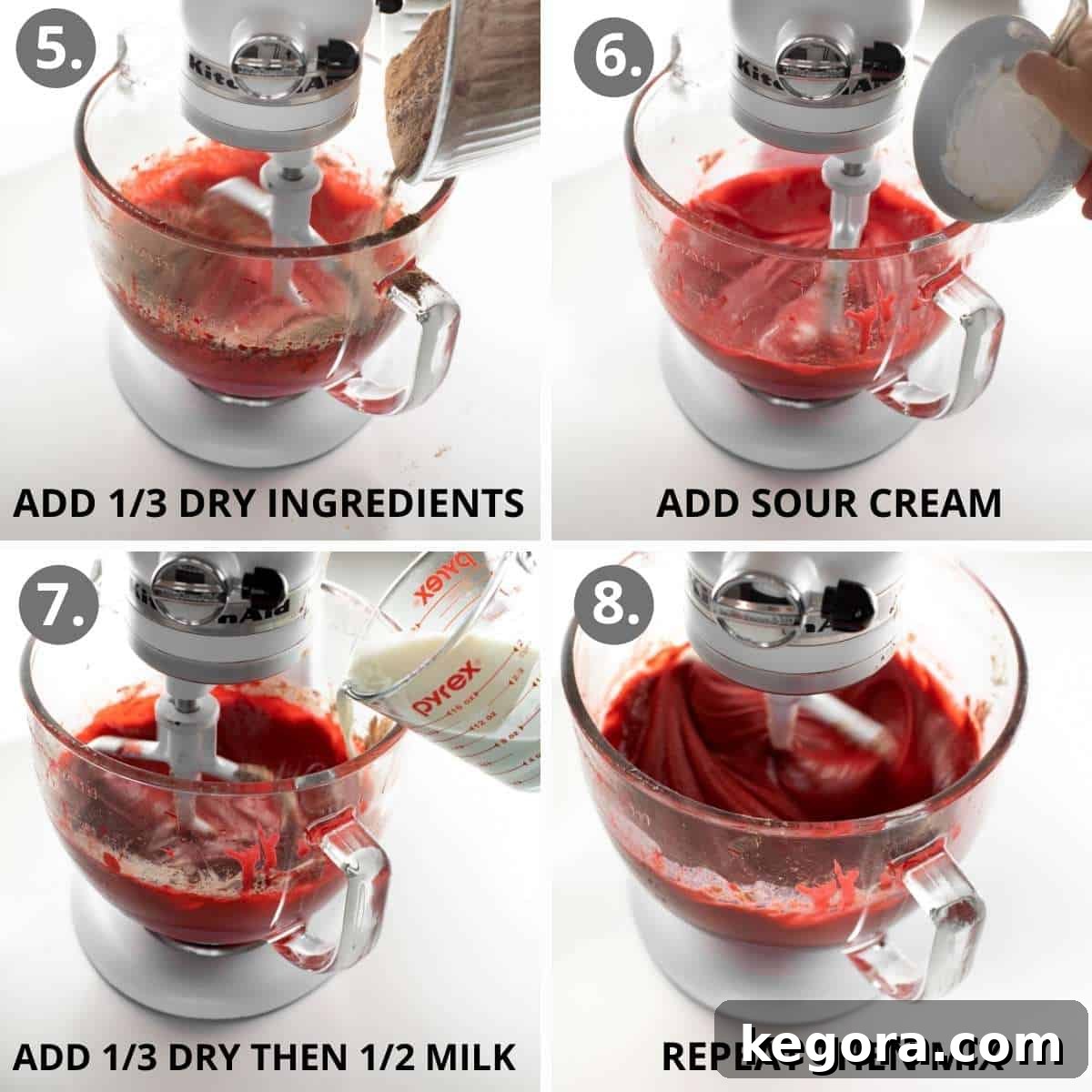 More visual steps showing the process of mixing batter for red velvet cupcakes.