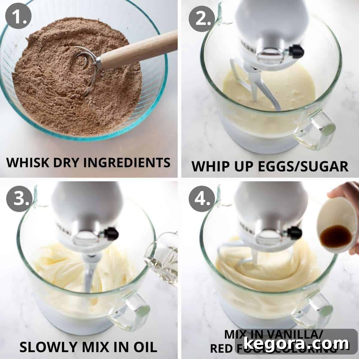 A step-by-step image demonstrating how to make the batter for a gluten-free red velvet cake.