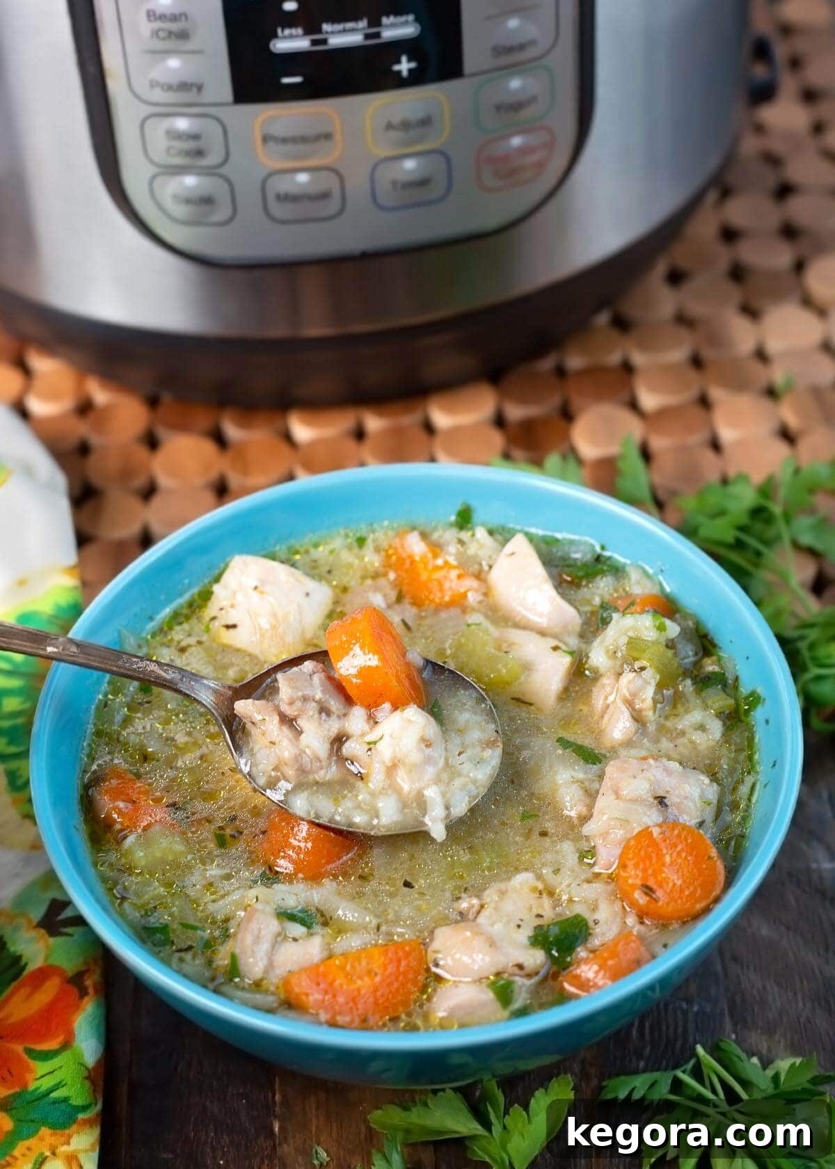 Instant Pot Chicken Rice Soup in a blue bowl in front of IP.
