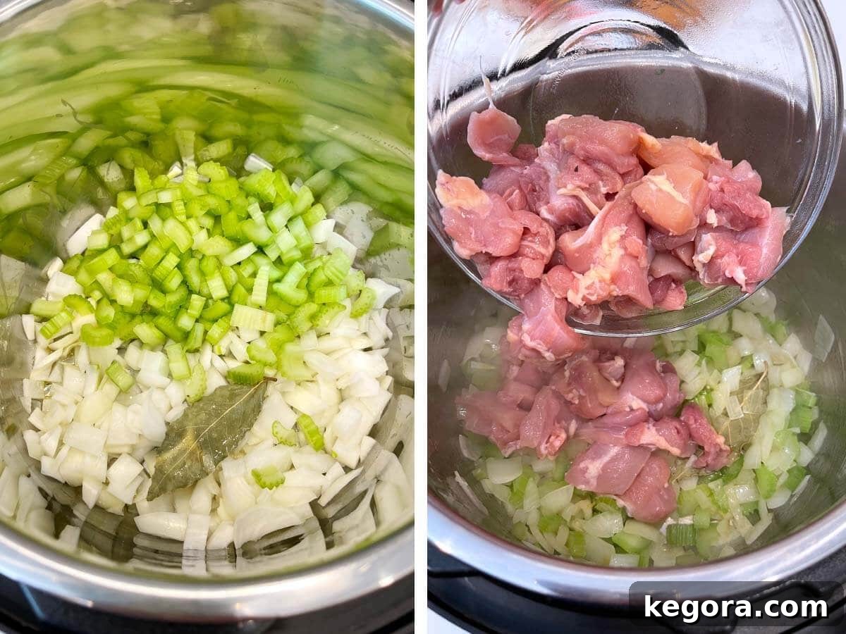 sautéing onion and celery, adding meat to the pot.