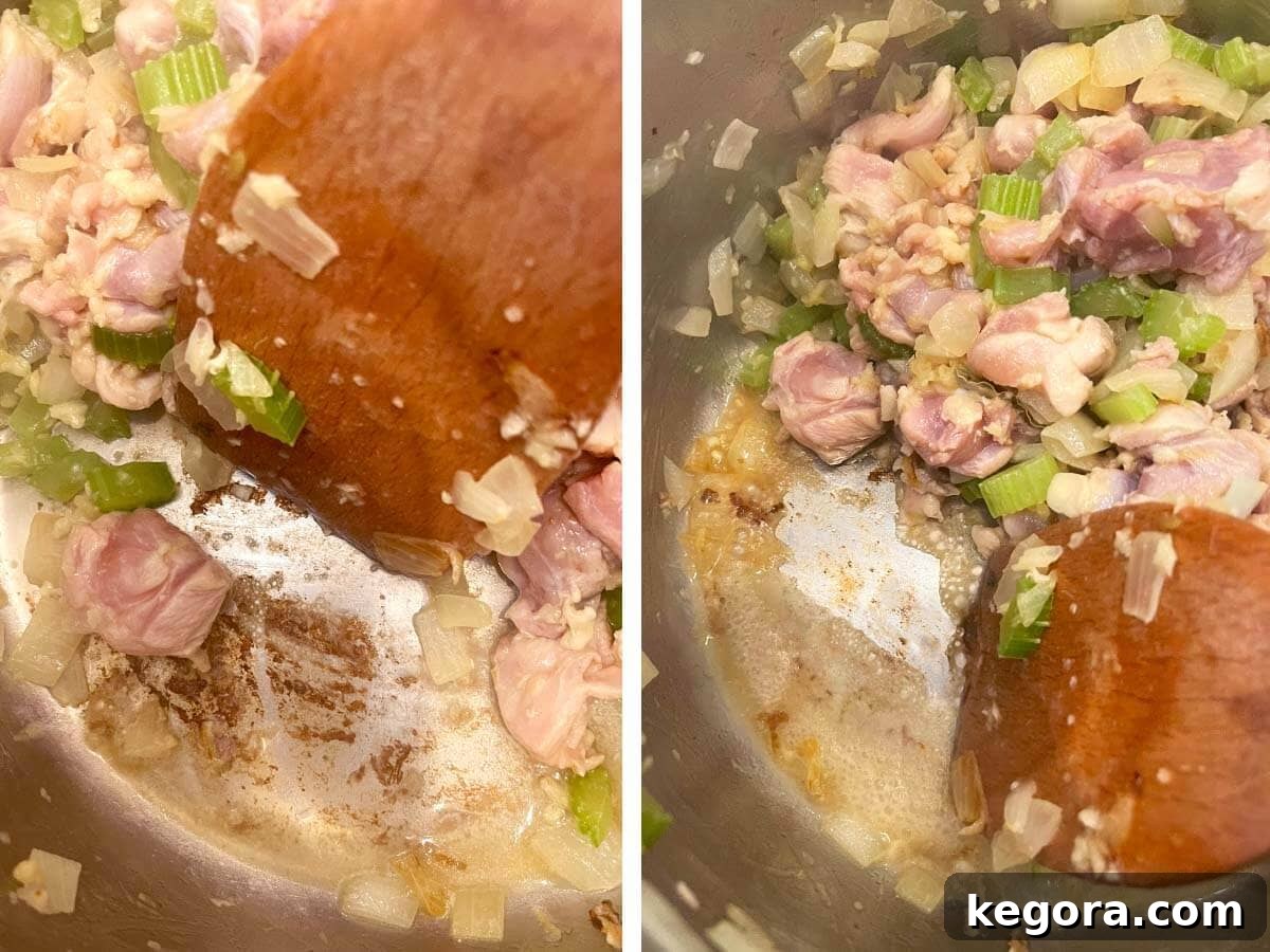 scraping bottom of the pot with wood spoon.