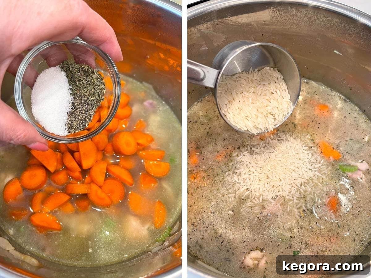 adding spices to the soup.