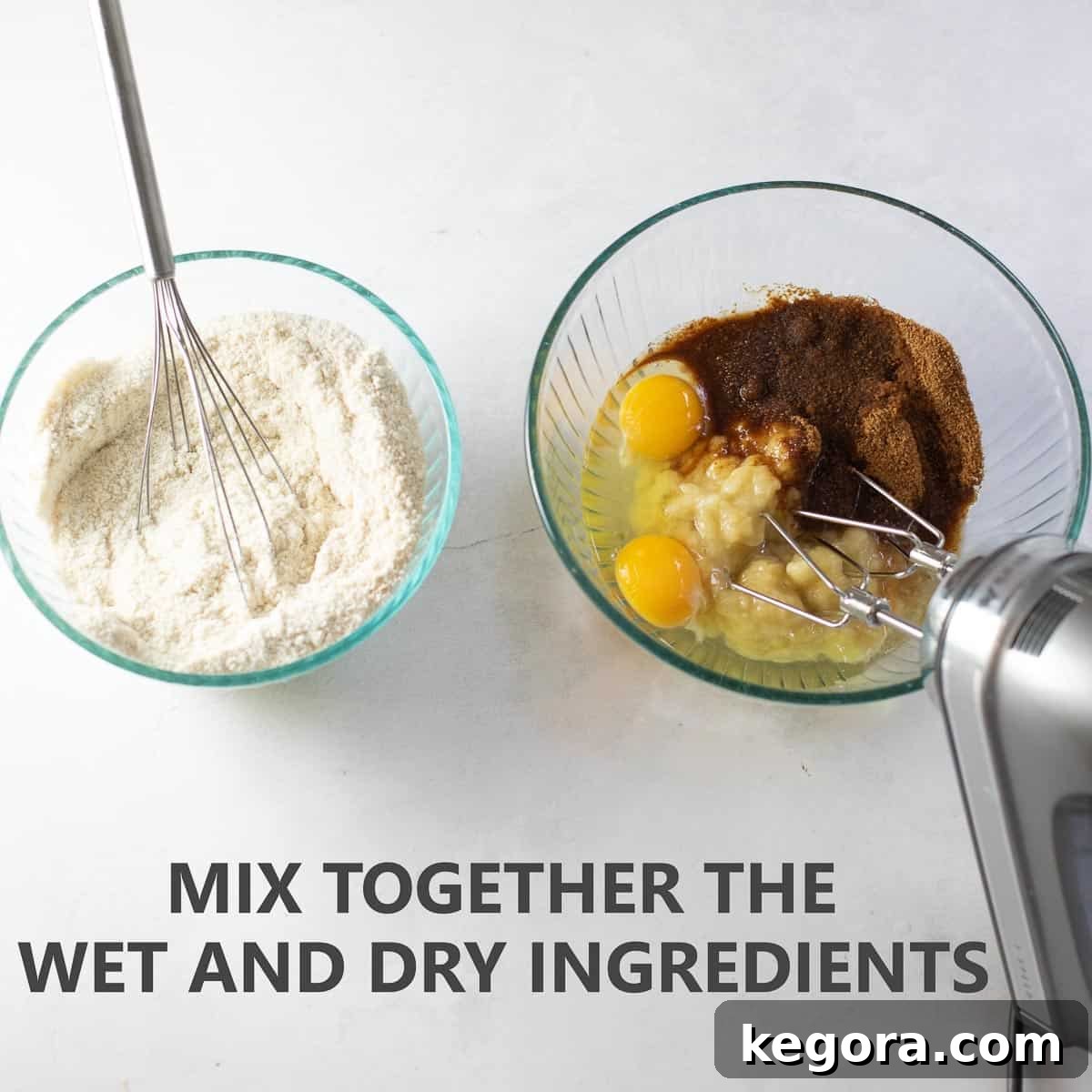 Titled photo showing one step in making paleo banana bread: "mix together the wet and dry ingredients"