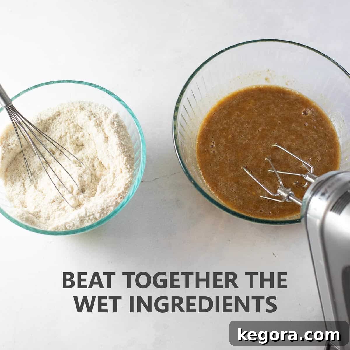 Titled photo of step-by-step instructions showing how to make banana bread: "beat together the wet ingredients"