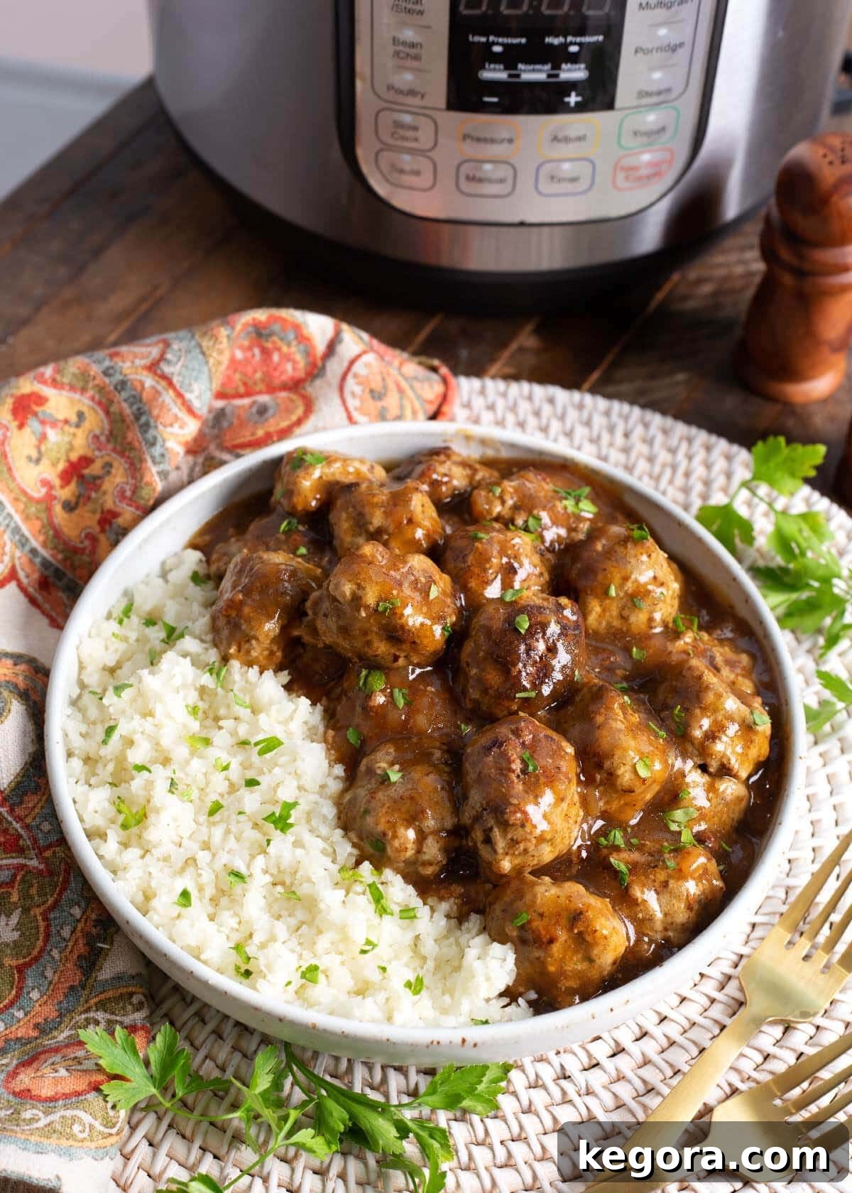 Instant Pot Turkey Meatballs and Gravy in a grey bowl