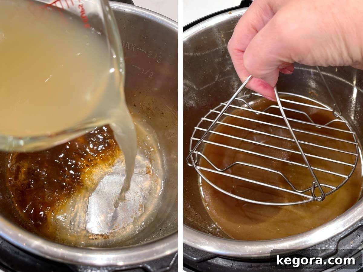 adding broth to pot, adding rack to pot.