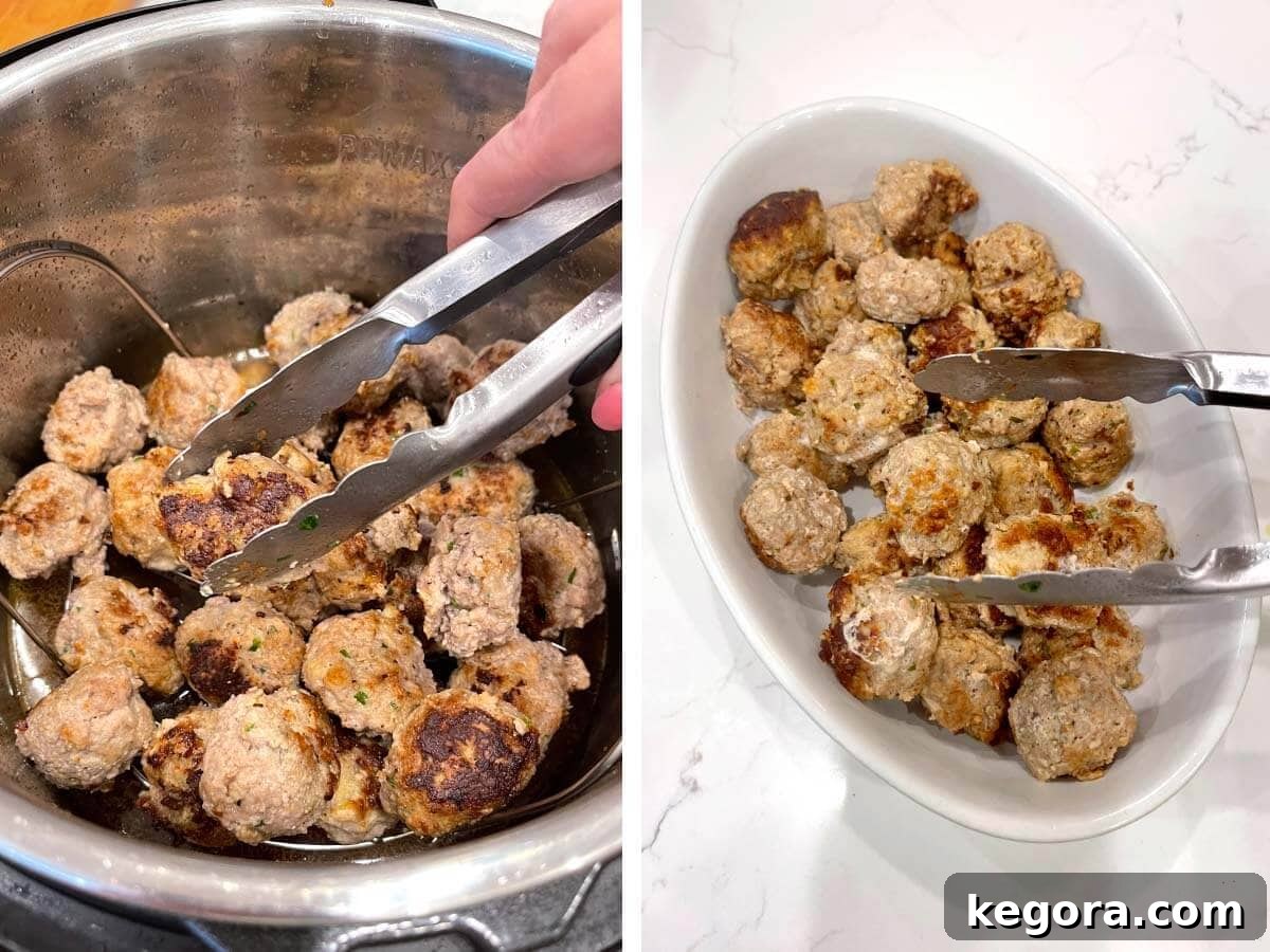 removing cooked meatballs to serving dish.