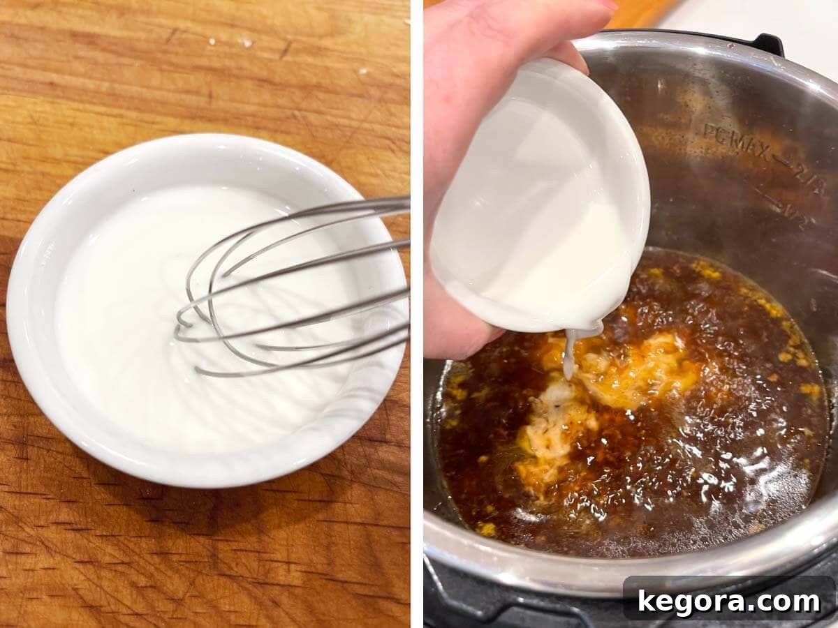 whisking corn starch slurry, pouring slurry into broth.