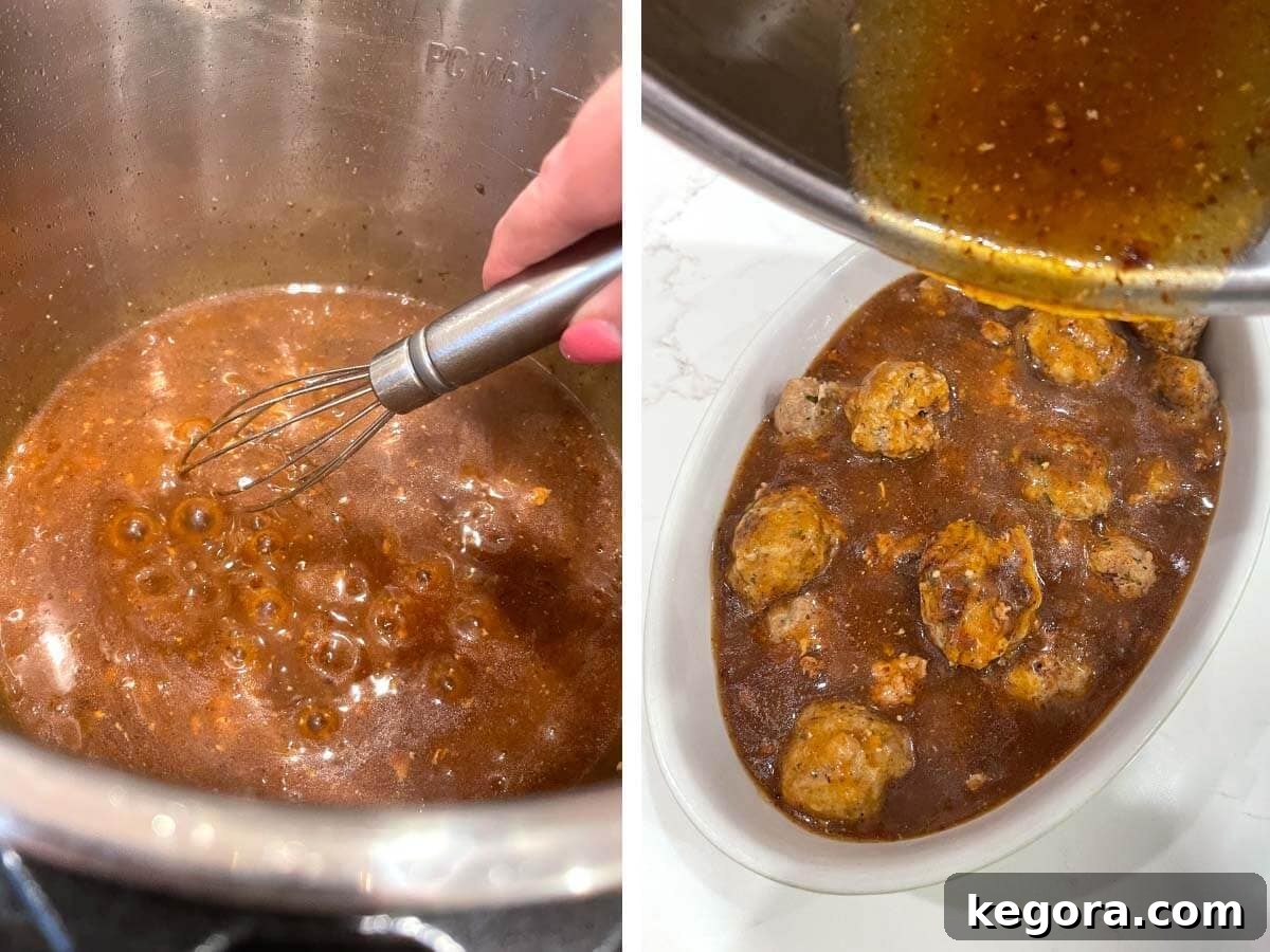 whisking simmering broth, pouring gravy over meatballs.