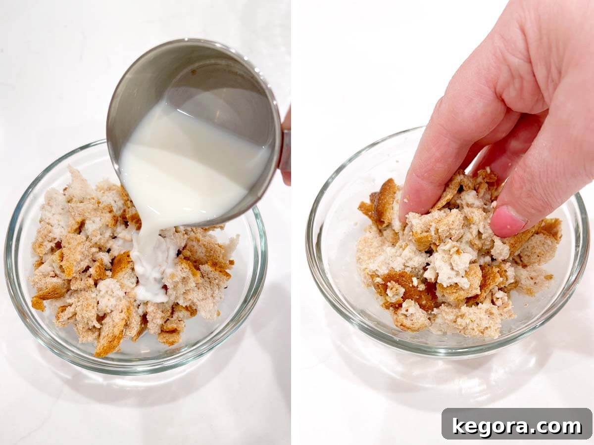 adding milk to bread crumbs.