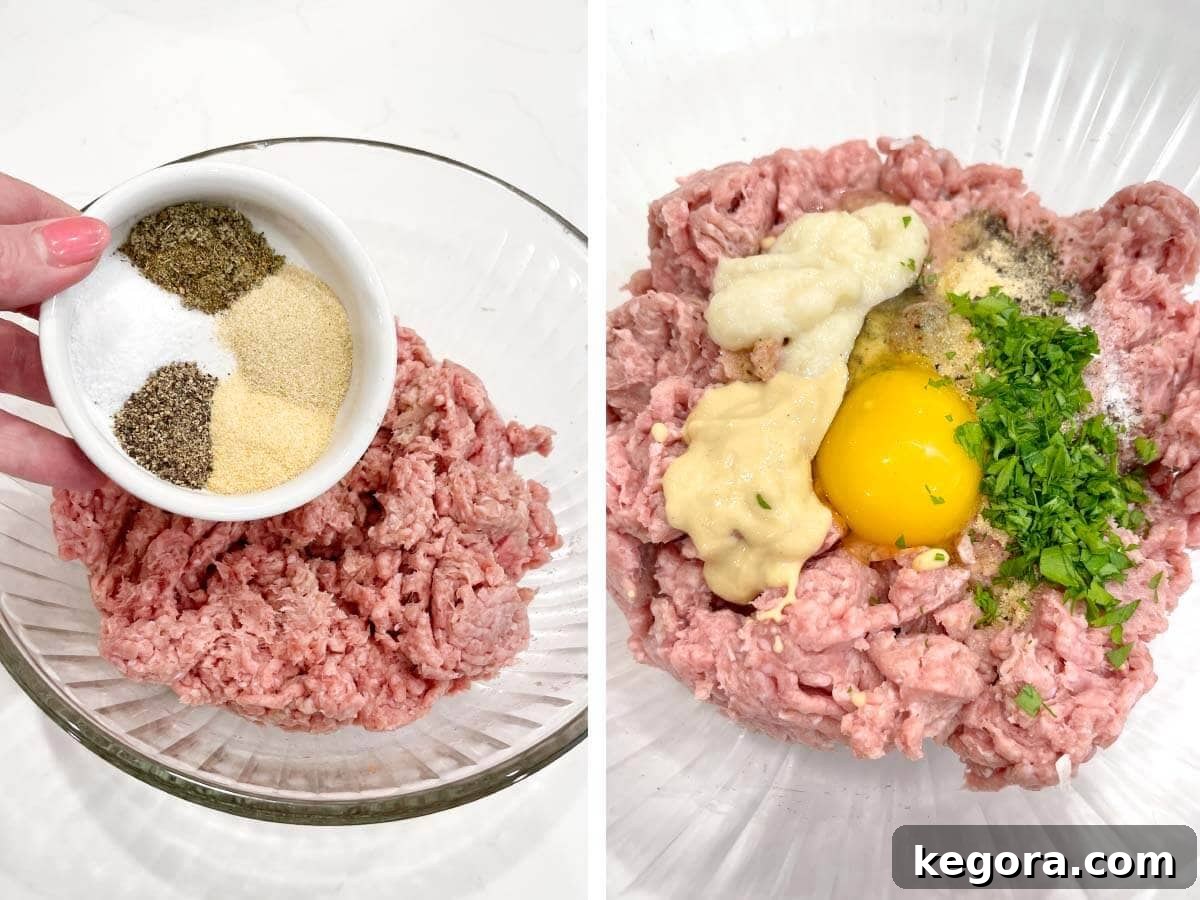 adding spices and egg, mustard, garlic, parsley to meat.
