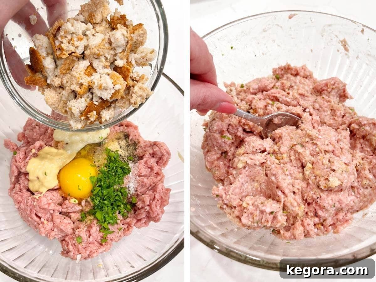 adding breadcrumbs to meat and stirring.