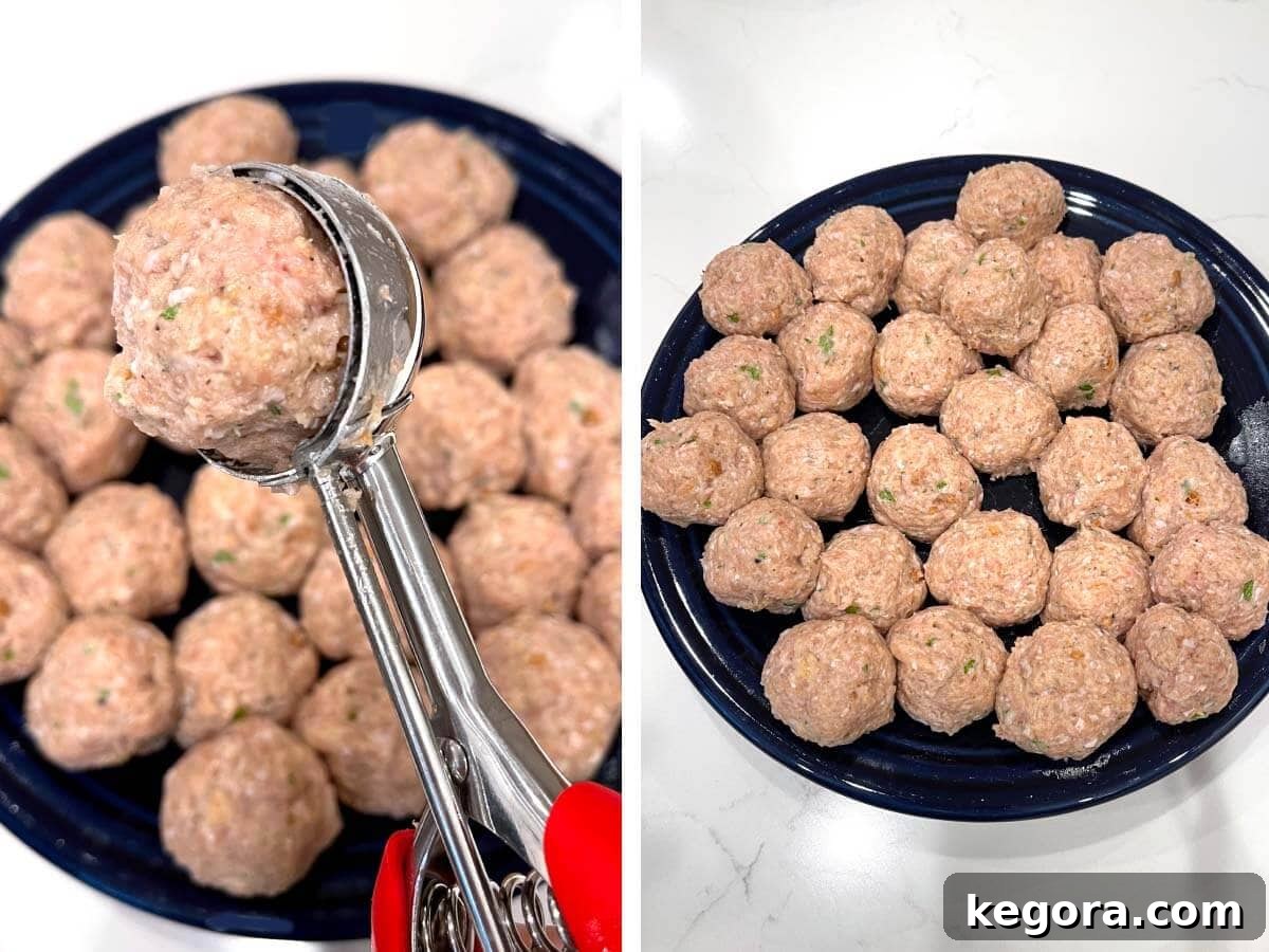 meatball in scoop, meatballs on blue plate.