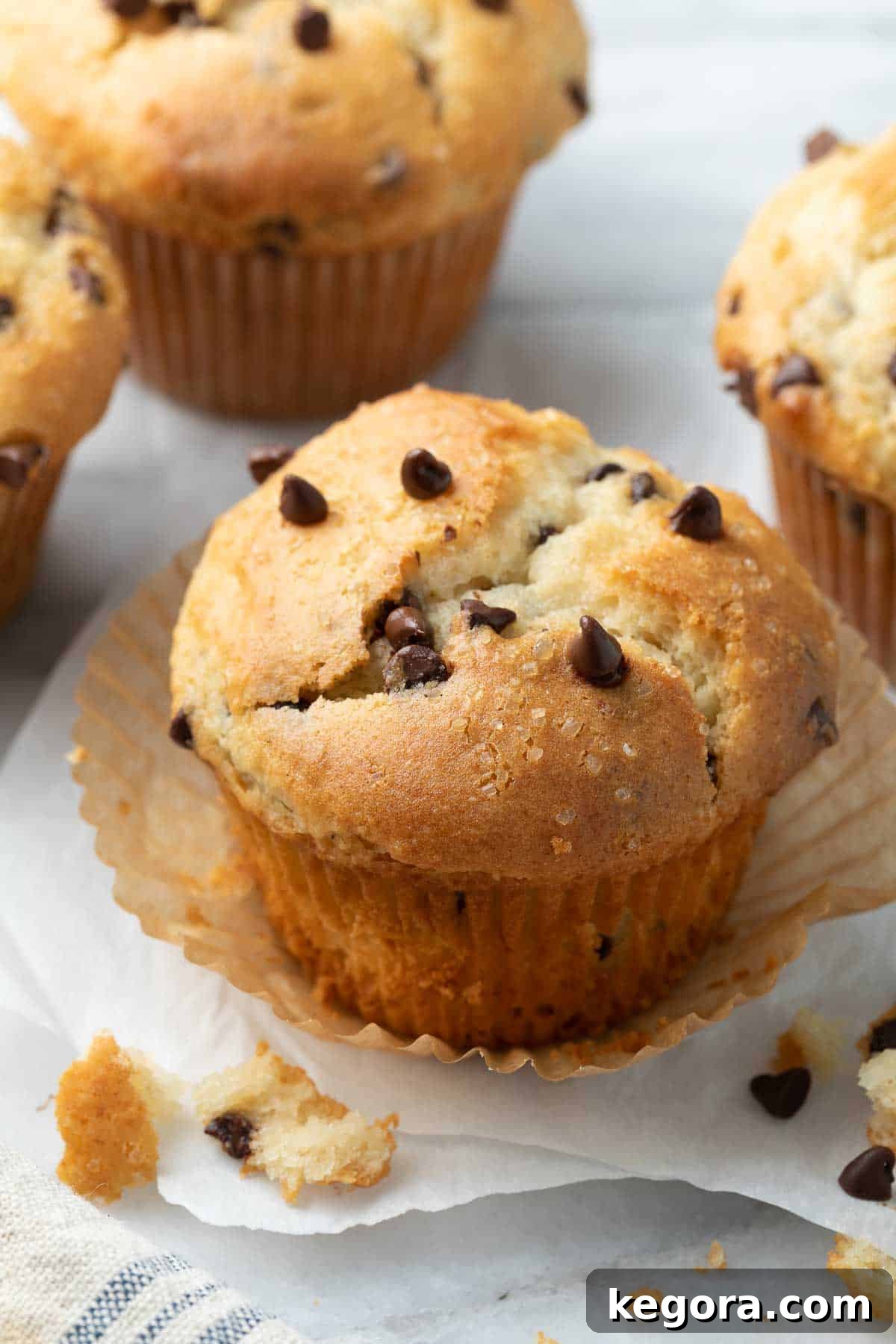 Decadent Gluten-Free Chocolate Chip Muffins 2 A perfectly baked, golden-brown gluten-free chocolate chip muffin on a countertop, showcasing its tall muffin top and rich chocolate chips.