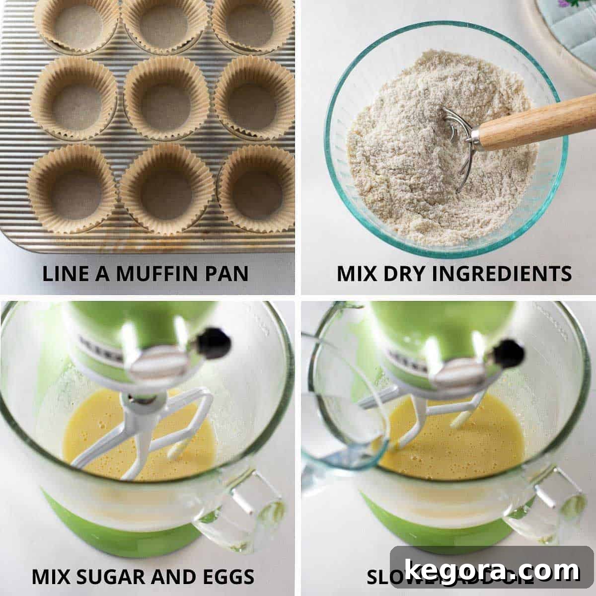 Decadent Gluten-Free Chocolate Chip Muffins 4 A muffin tin lined with paper baking cups, a bowl of dry ingredients, and a stand mixer with creamy batter, ready for baking gluten-free chocolate chip muffins.