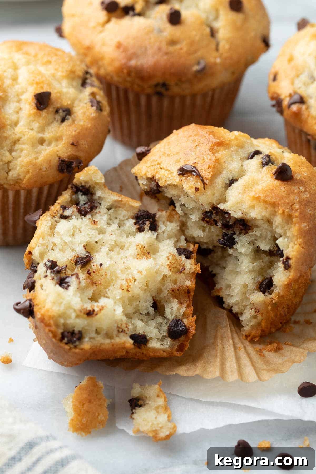 Decadent Gluten-Free Chocolate Chip Muffins 8 A freshly baked gluten-free chocolate chip muffin broken in half, revealing its moist, tender interior and generous distribution of chocolate chips.