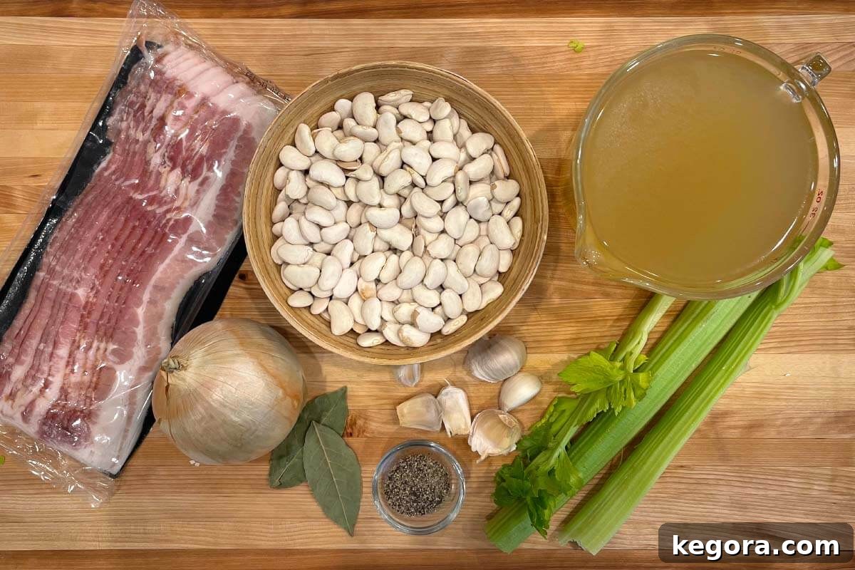 Instant Pot Butter Beans ingredients on a board.