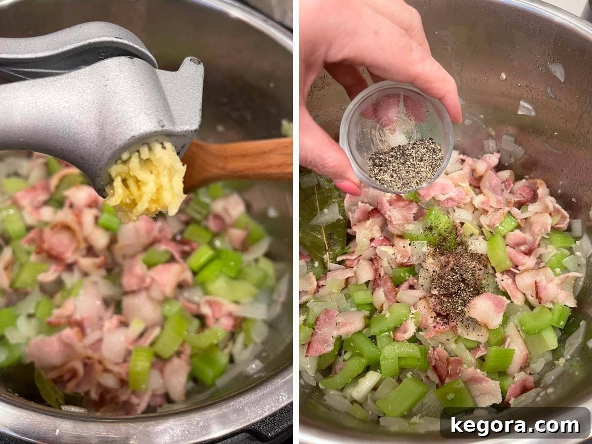 adding garlic to pot, adding pepper.