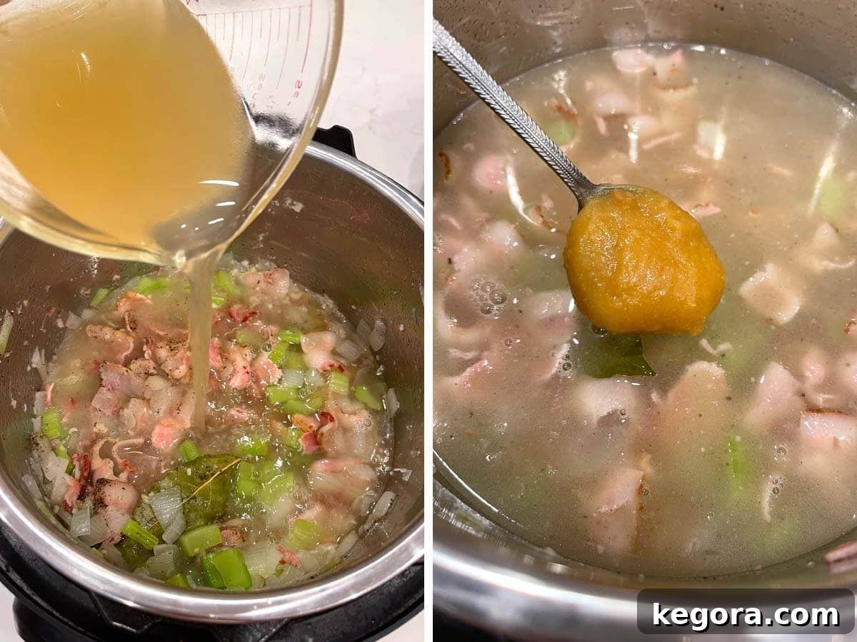 pouring broth into pot, adding bouillon to pot.