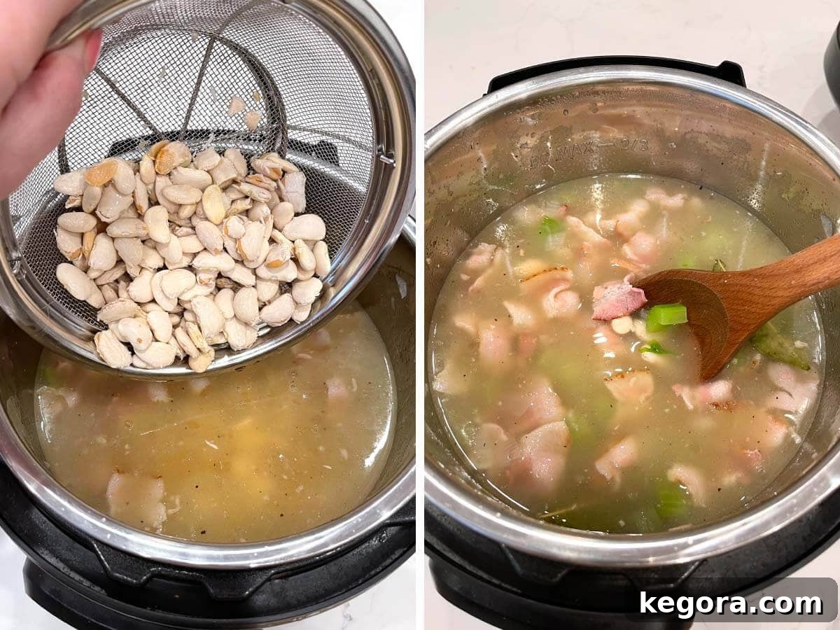 adding butter beans to pot, stirring contents with wood spoon.
