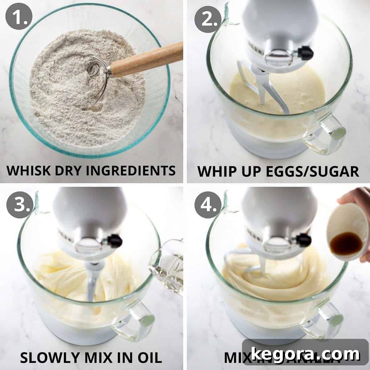 Ultimate Gluten-Free Birthday Cake 4 Step-by-step photos illustrating how to mix the gluten-free cake batter for a smooth consistency.