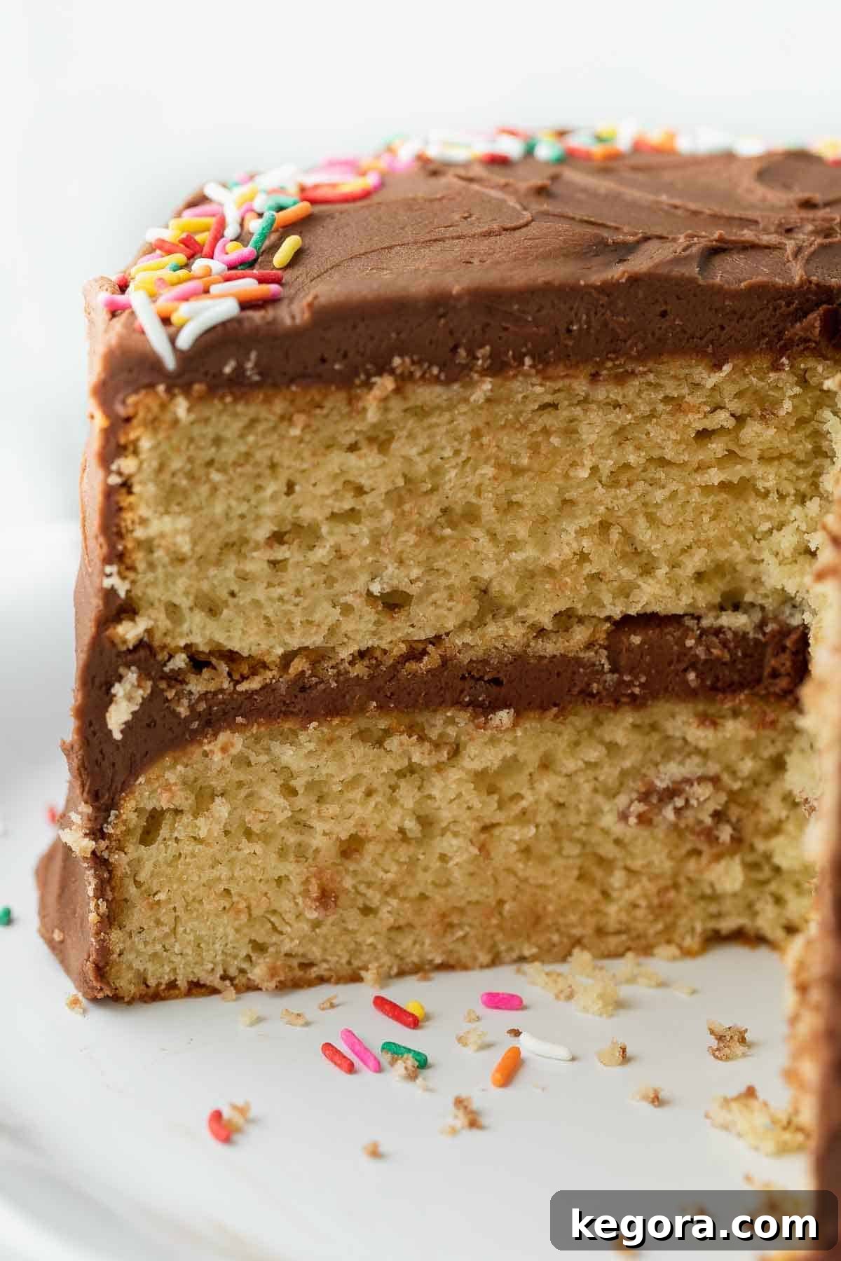 Ultimate Gluten-Free Birthday Cake 7 A round, layered birthday cake with a generous slice cut out, showcasing its moist interior.