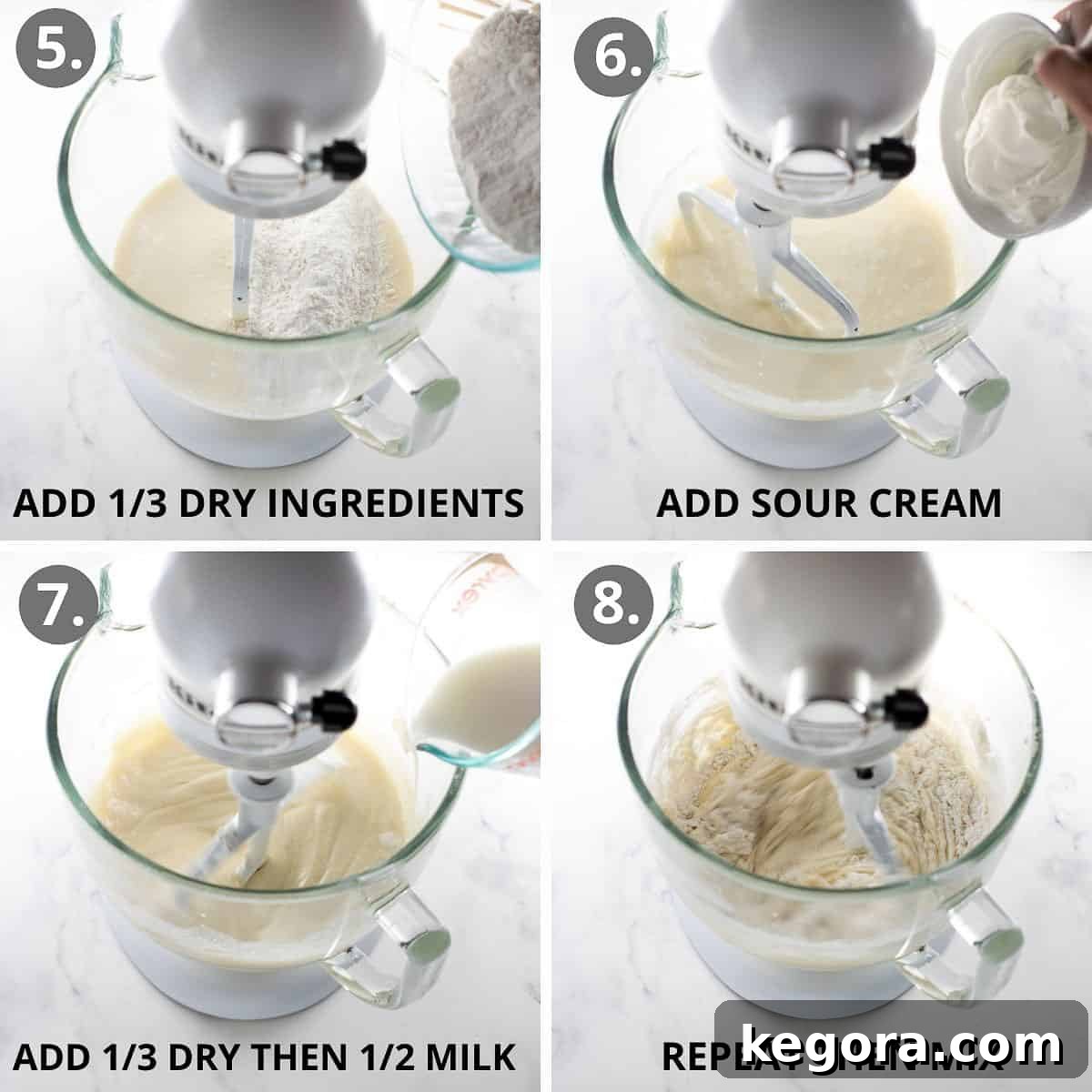 Luscious Gluten-Free Pineapple Upside-Down Cake 5 Detailed step-by-step images showing the process of adding dry ingredients alternately with liquid to the cake batter.
