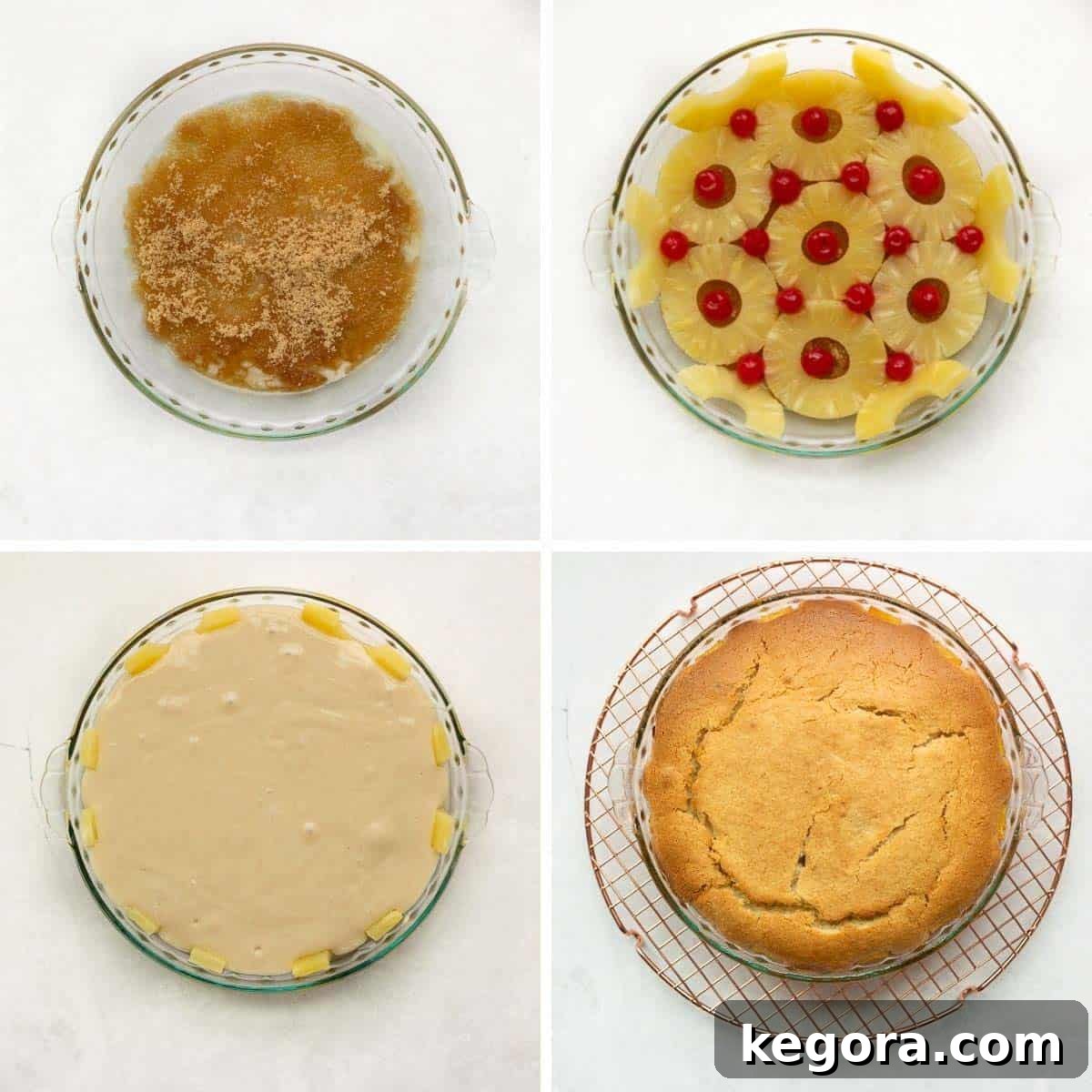 Luscious Gluten-Free Pineapple Upside-Down Cake 6 A series of four photos depicting the stages of preparing the pineapple upside-down cake: the topping layer, the batter, the baked cake, and the final inverted cake.