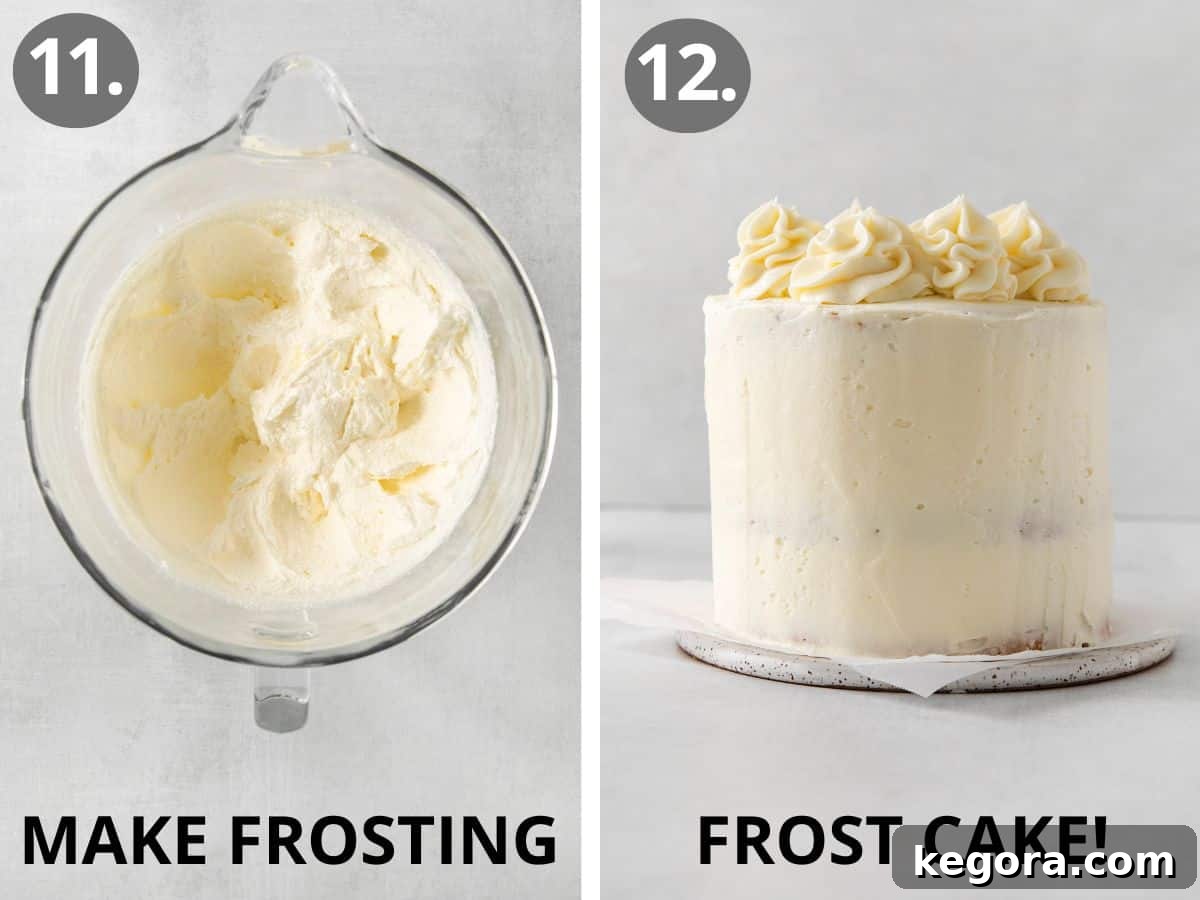Frosting in a bowl, and a frosted cake
