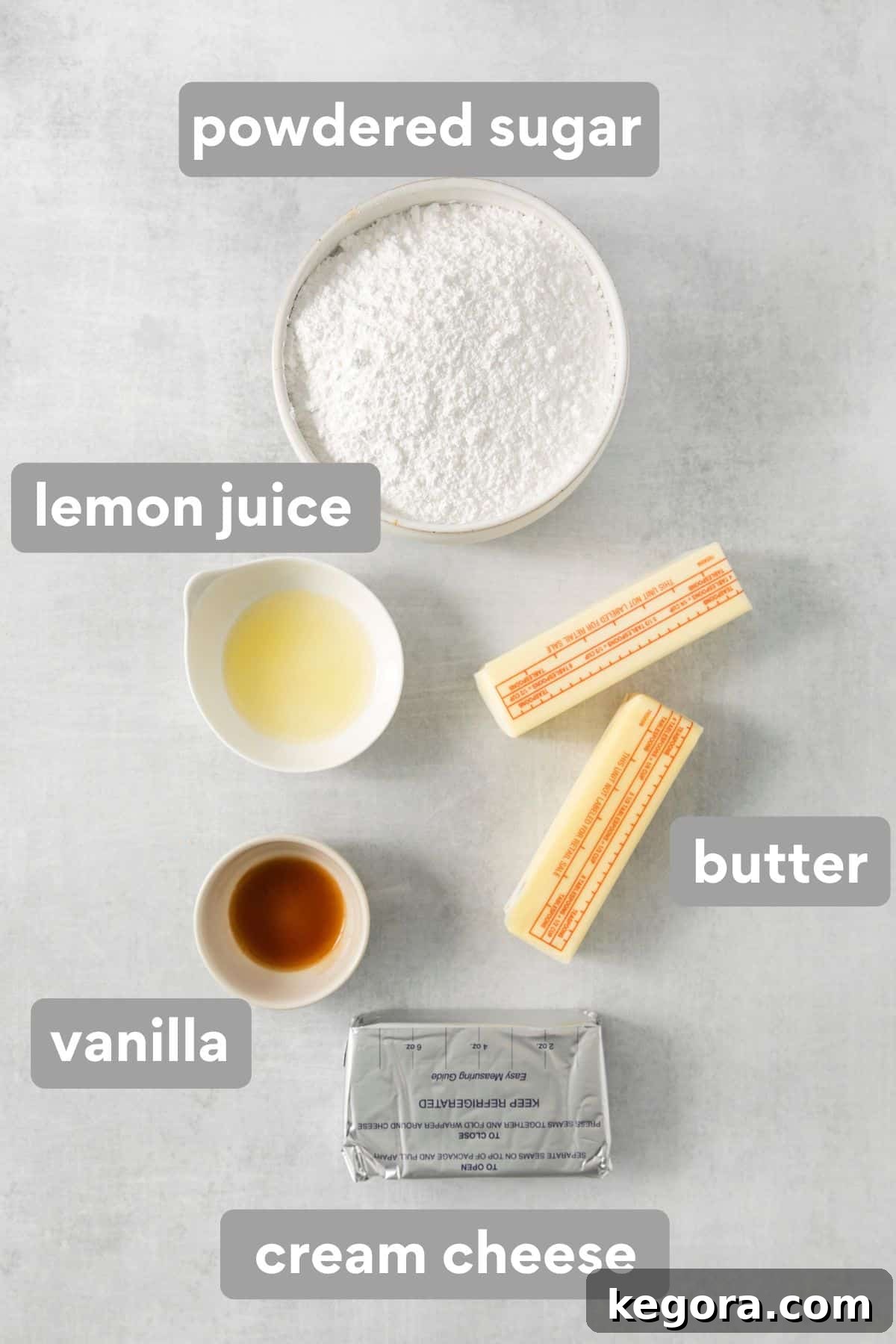 Lemon cake frosting ingredients on a countertop