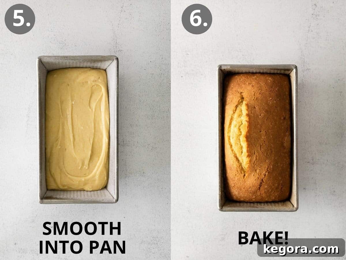 Seriously Delicious Gluten-Free Pound Cake 6 Pound cake batter freshly poured into a loaf pan, next to a golden-brown, baked gluten-free pound cake resting in its pan.