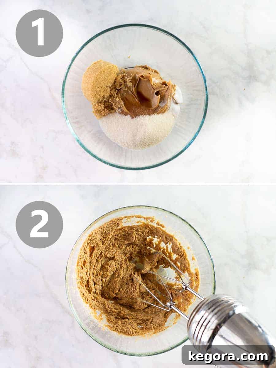 Step-by-step image showing how to mix together the ingredients for flourless peanut butter cookies in a large bowl with a hand mixer, demonstrating the smooth consistency of the dough.