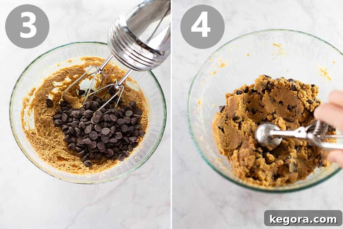 Image showing cookie dough being mixed with chocolate chips, then scooped into uniform balls on a baking sheet, ready for the oven.