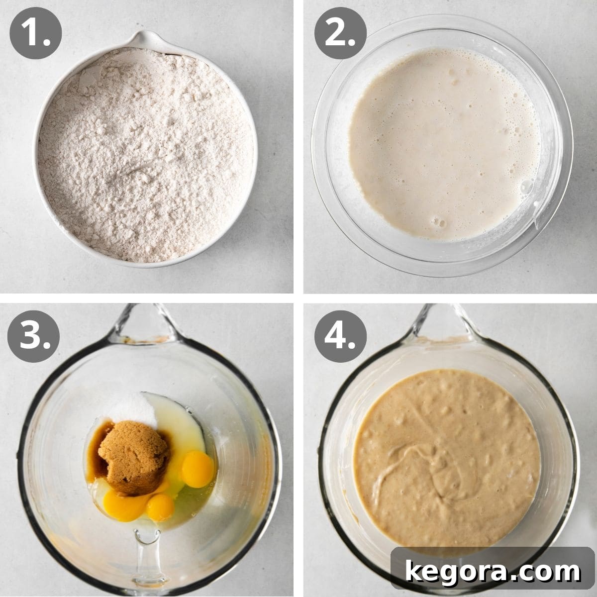 Golden Gluten-Free Banana Treat 5 Four images showing the steps of mixing dry ingredients, mashing bananas, whipping eggs and sugar, and combining wet and dry mixtures for a gluten-free banana cake.