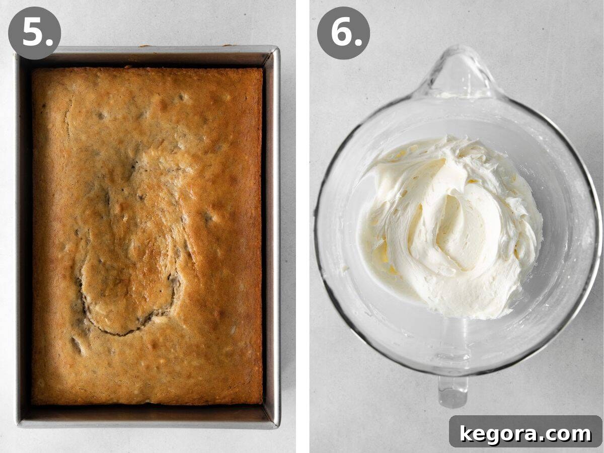 Golden Gluten-Free Banana Treat 6 Two images showing a baked gluten-free banana cake cooling on a wire rack and the process of frosting it with cream cheese frosting.