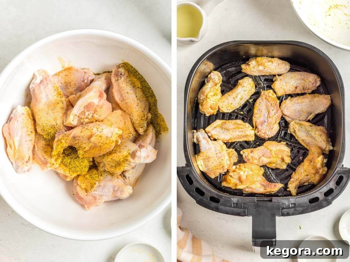 Chicken wings in a mixing bowl being tossed with seasoning, and wings arranged in an air fryer basket.