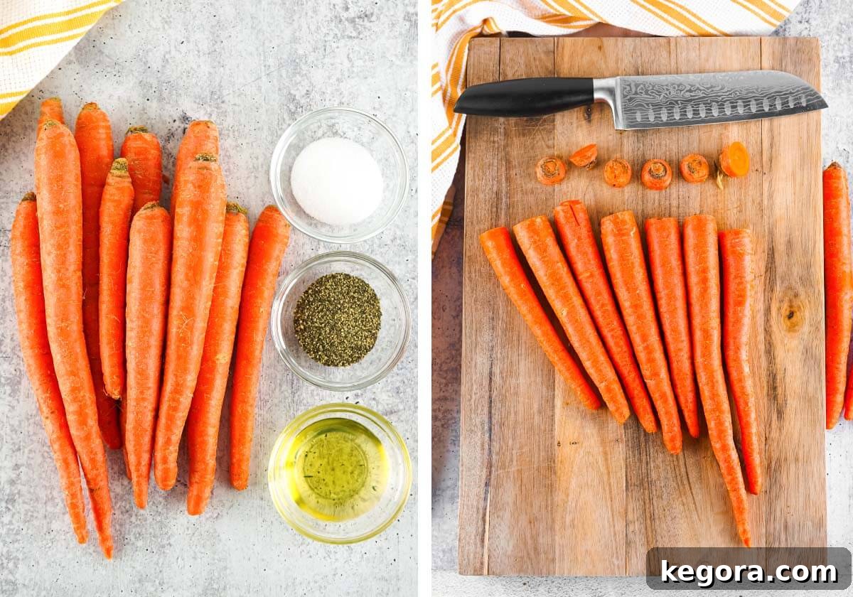 Crispy Air Fryer Carrots 4 carrots and ingredients, carrots on board with tops cut.