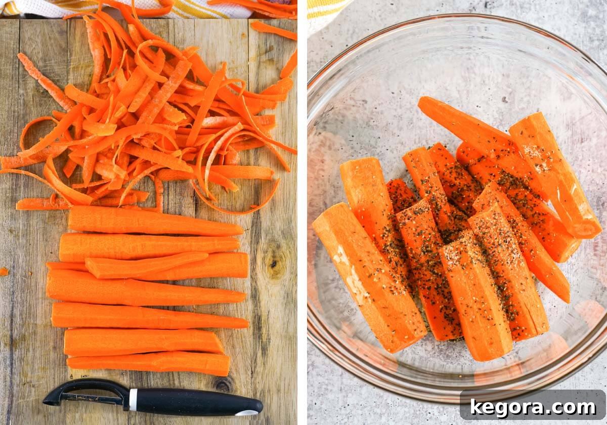 Crispy Air Fryer Carrots 5 carrots on board peeled, carrots in bowl with seasonings.